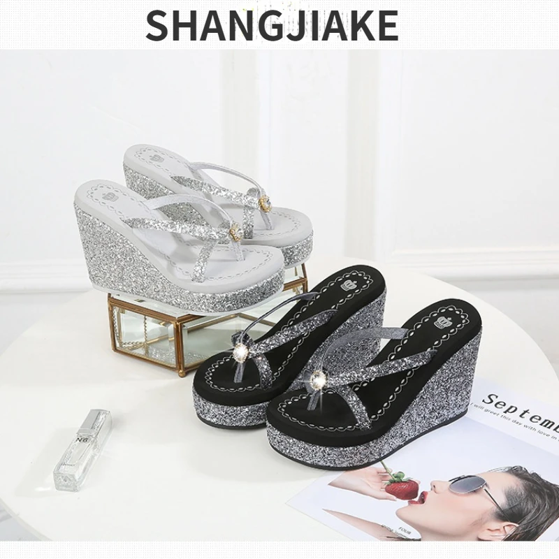 2024 Summer Slippers Women\'s New Ladies Super High Heel Slippers Sequin Rhinestone Flip-Flops High Heels Shoes Woman Heels