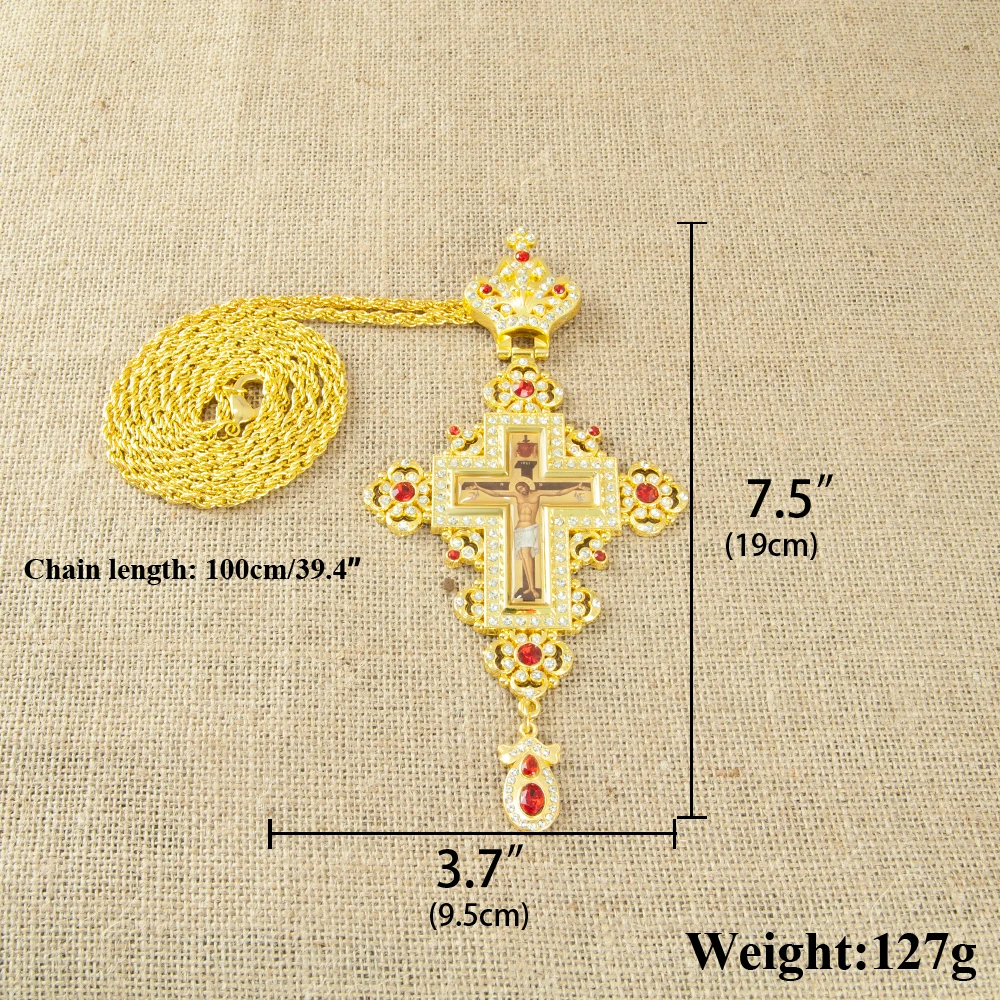 Large Size Orthodox Religious Pectoral Cross Necklace with Jesus Crucifix Icon Pendant Alloy Plating for Bishop Spiritual Gift