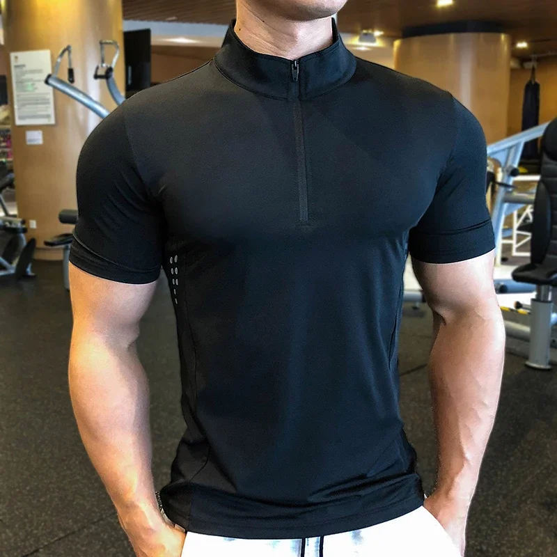 Bluza męska pół Zip na szyję koszulka do koszykówki Fitness Jogging dolna koszula Outdoor do biegania koszulka lodowy jedwab T-shirt treningowy