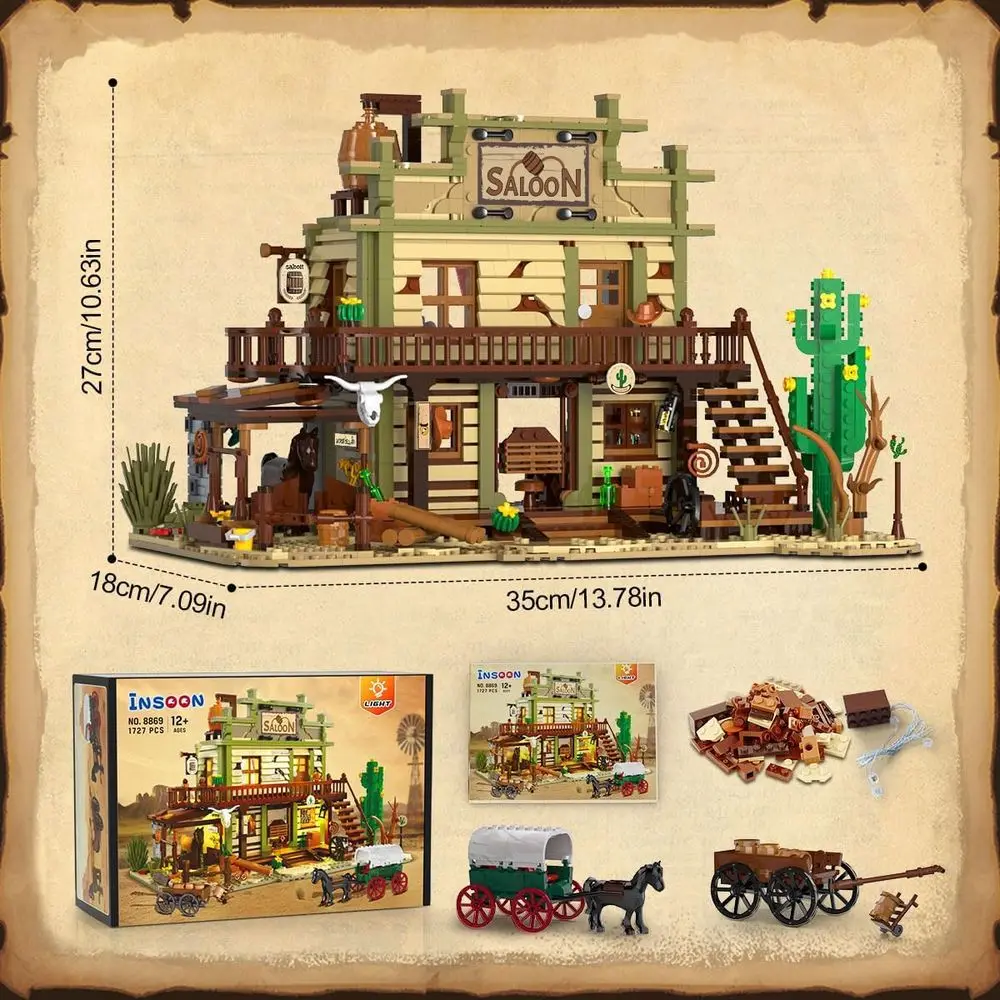 ชุดประกอบอาคารร้านเหล้าตะวันตกแบบมีไฟ LED, 1727 ชิ้น, ของเล่นธีมคาวบอยสำหรับเด็กอายุ 12 ปีขึ้นไป