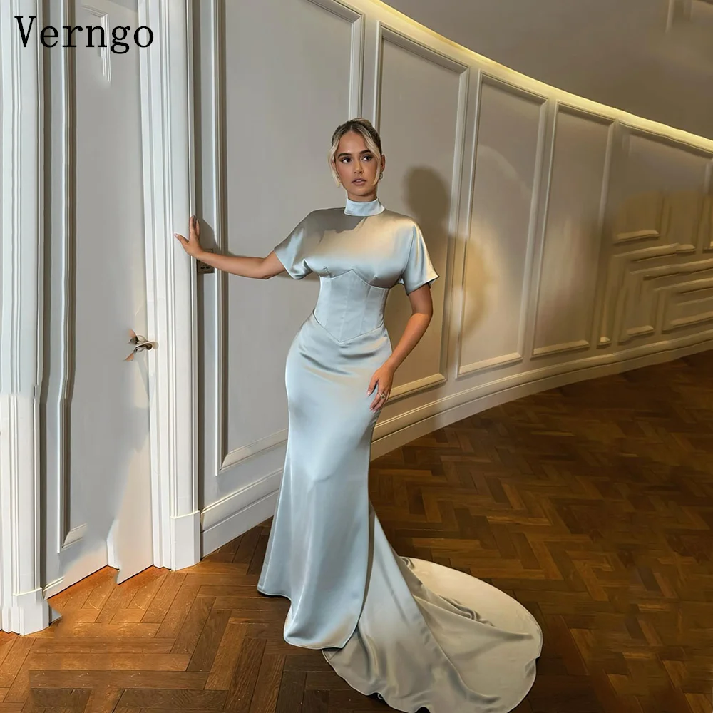 

Verngo Blue Shiny Satin Evening Dress High Neck Short Sleeves Mermaid Formal Occasion Dresses Women Arabic Prom Gown Customized