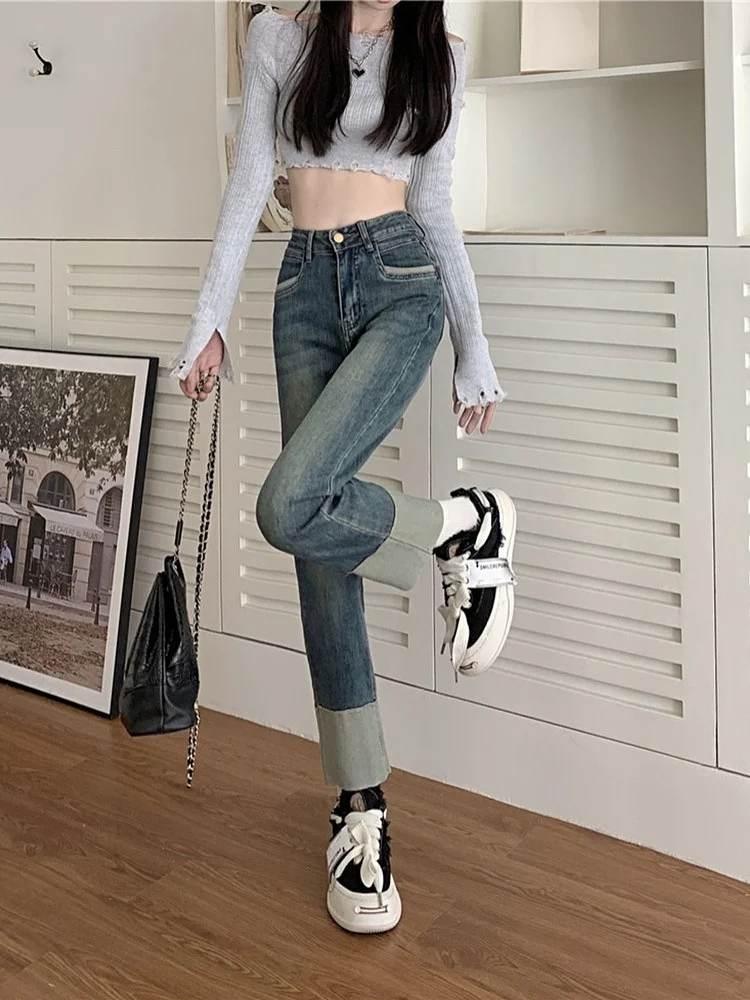 Slim Fit Gerade Bein Elastische Denim Jeans Frauen Sommer Neue Splice Lose Abnehmen Design Einzigartige Kleine Markt Neun Punkt Hosen