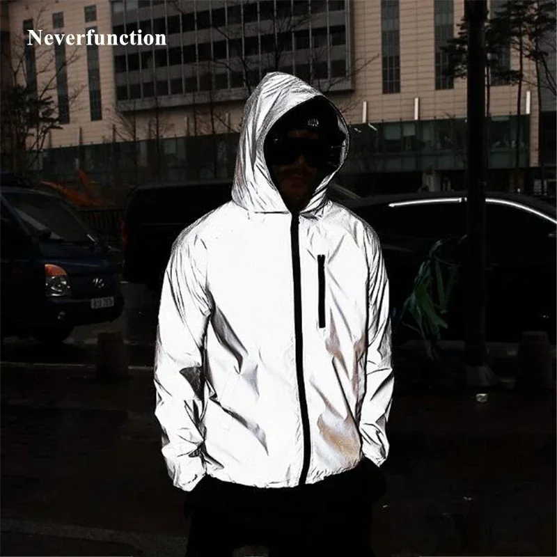 Spring Autumn Men\'s Full Reflective Windbreaker Waterproof Jacket High Street Hip Hop Baggy Hooded Coats Male Trendy Brand