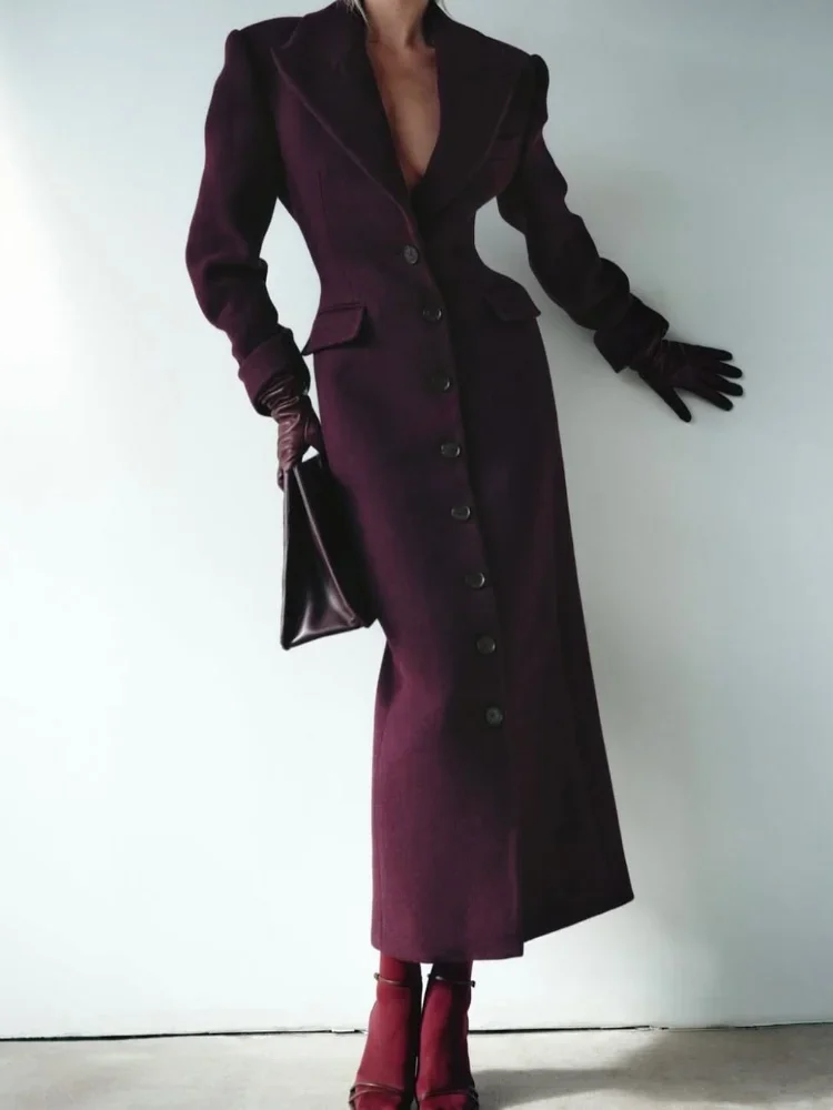 Women Elegant Wine Red Lapel Single Breasted Woolen Overcoat Fashion High Waist Pockets Long Coat New Lady Highstreet Outerwear