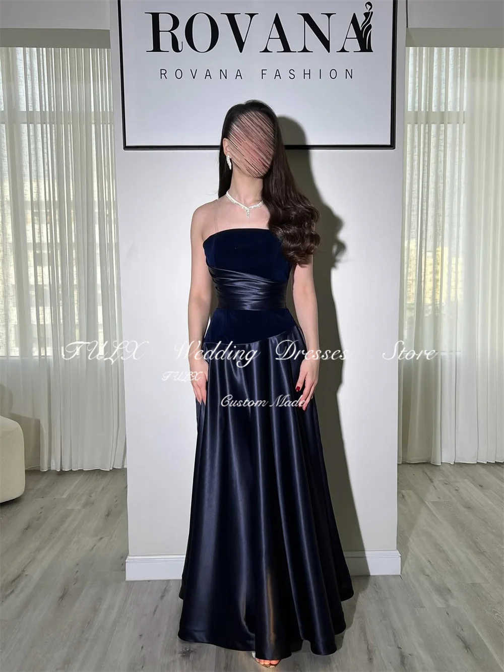 TULX-vestido de noche de satén azul profundo, Arabia Saudita, sin tirantes, sin mangas, vestidos de fiesta, línea A, vestido largo para ocasión Formal personalizado