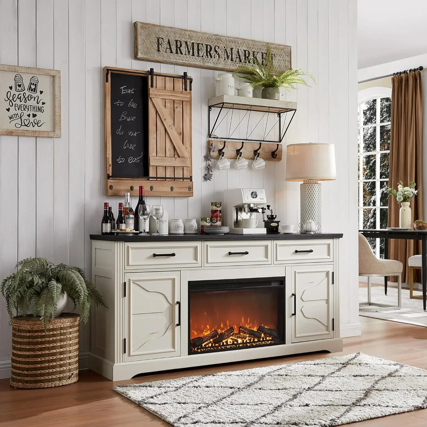 

70" Large Farmhouse Buffet Sideboard Cabinet with Fireplace, Coffee Bar with 3 Drawers&2 Doors, 32" Tall Kitchen Cabinet