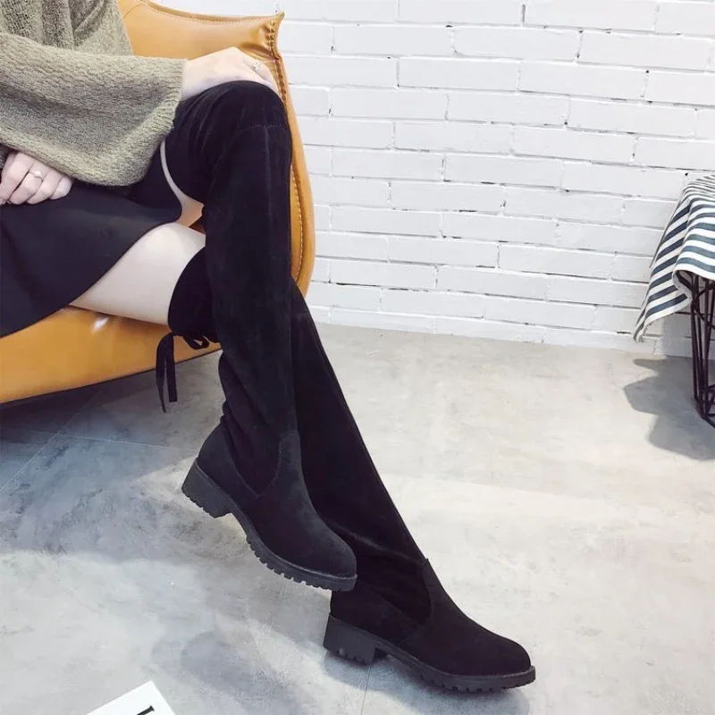 Trend Elastic Knee-high Boots for Women Lace-up Thigh Gigh Women Boots Black Faux Suede Female Heels Shoes Women Botas Mujer