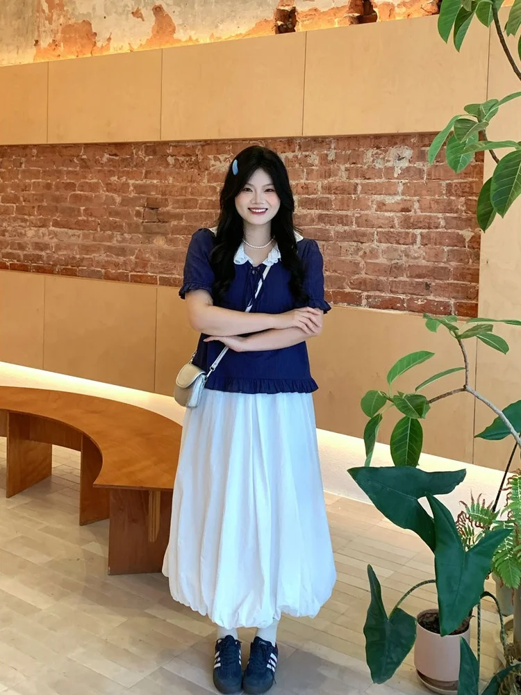 

Летний женский топ больших размеров в корейском стиле с кружевной отделкой, повседневный, из смесового хлопка, с коротким рукавом и цветочным узором