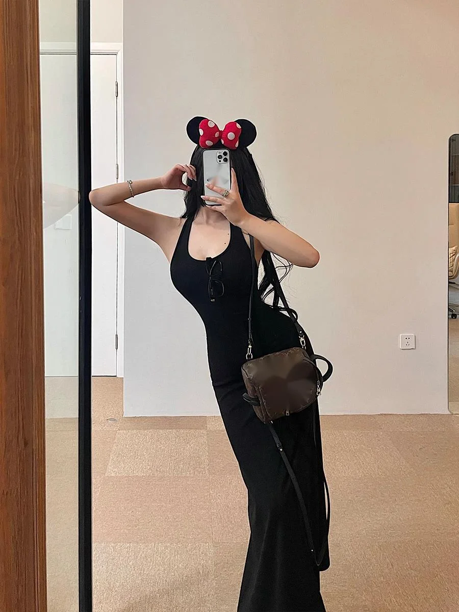 Sweet Women Maxi Dresses Sexy Backless Slim Hanging Neck Dress Long Dress Elegant V Neck Hot Sexy Korean Women Tops 2PLP