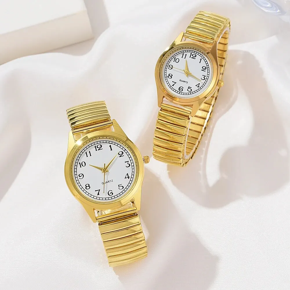 2 PCS Of Gold Retro Round Pointer Quartz Watch Classic Simulation Elastic Band Watch Suitable For Both Male And Female Couples