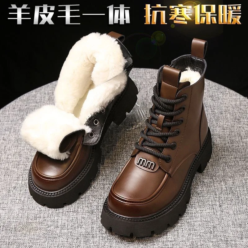 Winter Women Round Toe Chunky Heel Ankle Boots Leather Waterproof Thick Plush Warm Snow Boots Black Brown Platform Girl\'S Shoes