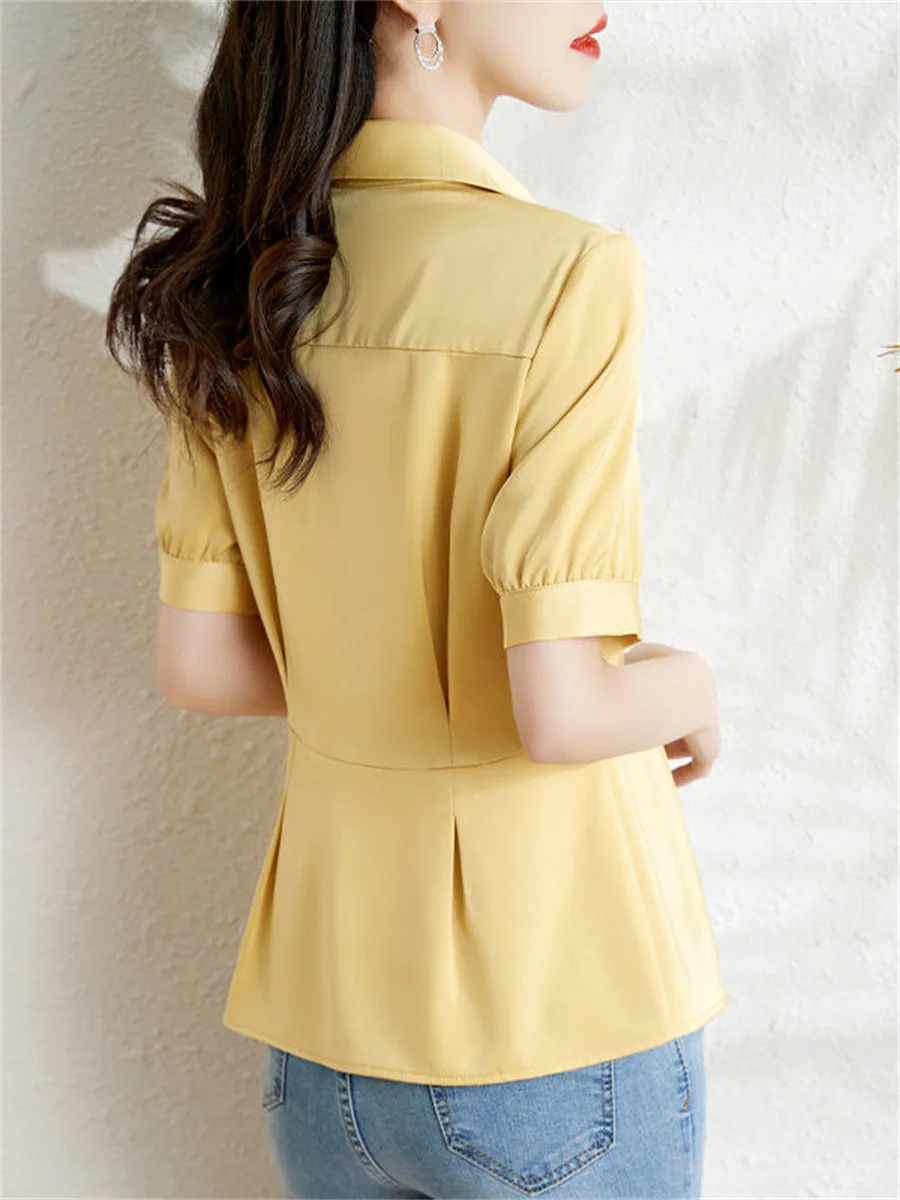 Women Spring Summer Spring Shirts Lady Fashion Casual Short Sleeve V-Neck Collar Solid Color Elegant Blusas Tops G2344