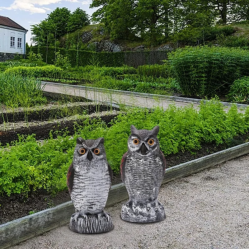 Paquete de 2 señuelos de espantapájaros de búho falso, disuasorentes de plástico, decoración de Halloween, repelente de plagas enemigo natural para