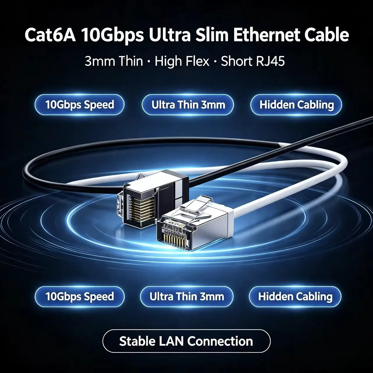 Ultra Slim Cat6A Ethernet Cable 10Gbps 3mm Thin RJ45 Short High Flexibility LAN Cable for Concealed Wiring