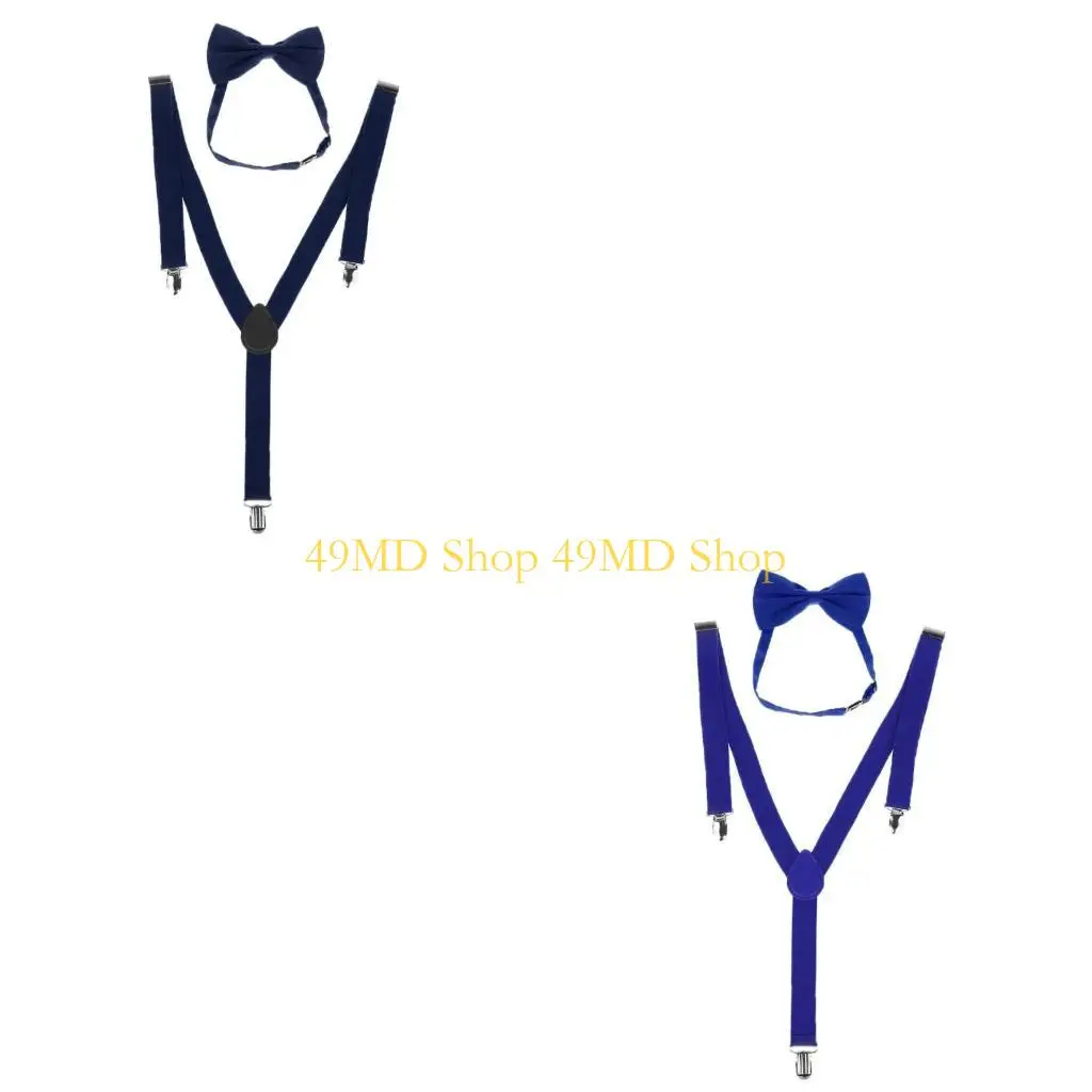 

49MD Unisex Adjustable Y-Back Suspenders Bow Tie Set Clip-On Braces Elastic Wedding