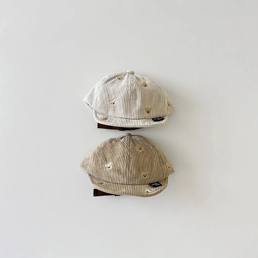 Spring Cotton Corduroy Bear Print Hat Cartoon Cute Baby Baseball Hat Solid Color Duck Tongue Cap Boys Girls Toddler Kids Hat view 5