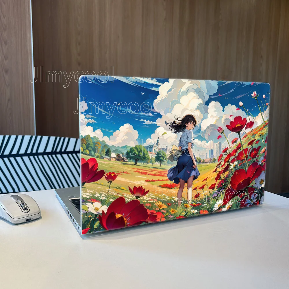 2 Pieces Blue Sky White Clouds Tulips Girl Laptop Sticker Self-adhesive Case for HP Lenovo Apple Easy To Install Decal Stickers