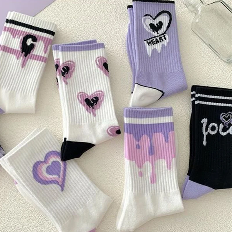 5/10 Paar Damen-Socken in Herzform, bedruckt, mittlere Röhre, Frühling und Sommer, schweißabsorbierend, atmungsaktiv, weich, bequem, lässig – Detail 9