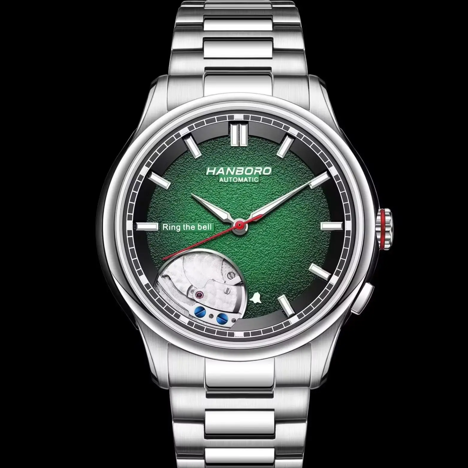 HANBORO Men Automatic Watch 41.5mm Alarm Mechanical Wristwatch Waterproof Sapphire Mirror Luminous Ring The Bell Miyota 9015
