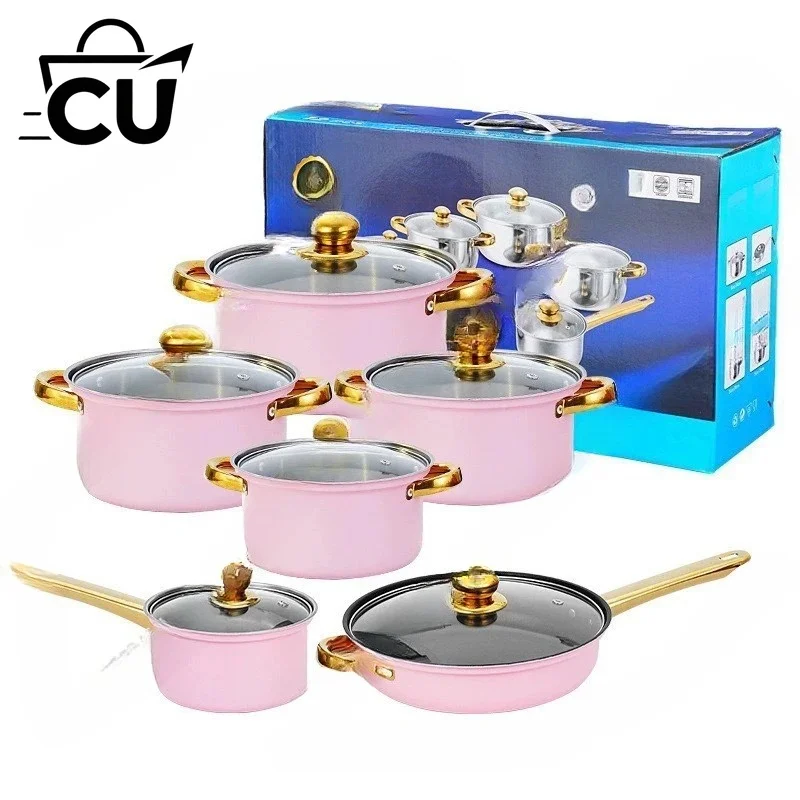 Stainless Steel 12-Piece Pot Set, Soup Pot Non-Stick Frying Pan, Milk Pot Gold-Plated Handle