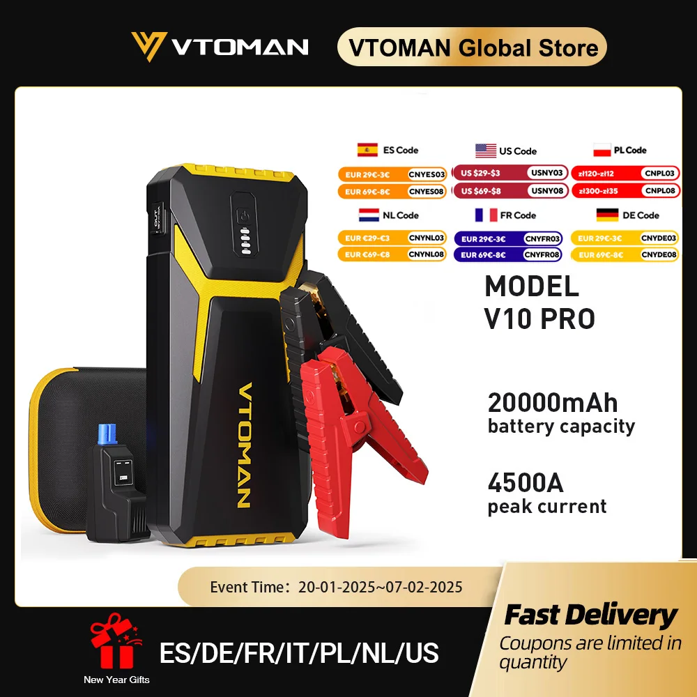 

VTOMAN Power Bank 20000mAh Jump Starter Portable Charger Car Booster 4500A Auto Starting Device Emergency Car Battery Starter