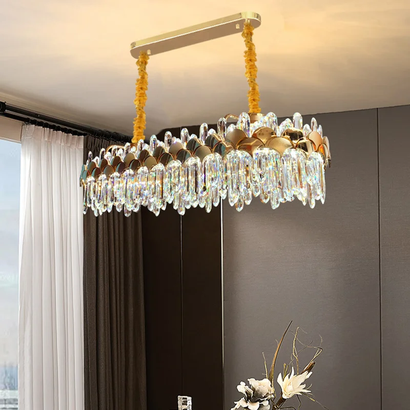 Gold Crystal Linear Chandelier, Rectangular Pendant Light, Luxury Dining Room Living Room Lighting Fixture Indoor Lighting