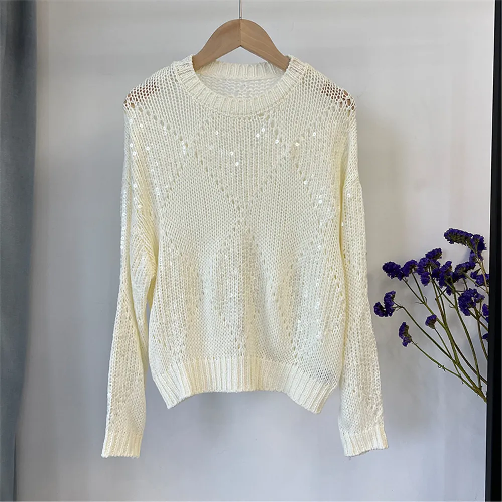 Cotton Linen Blended Pullover For Women Sequined Hollow knitted Sweater