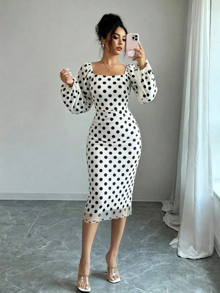 

Polka Dot Ruched Fitted Midi Dress With Puffed Sleeves Square Neck Casual Women Dress