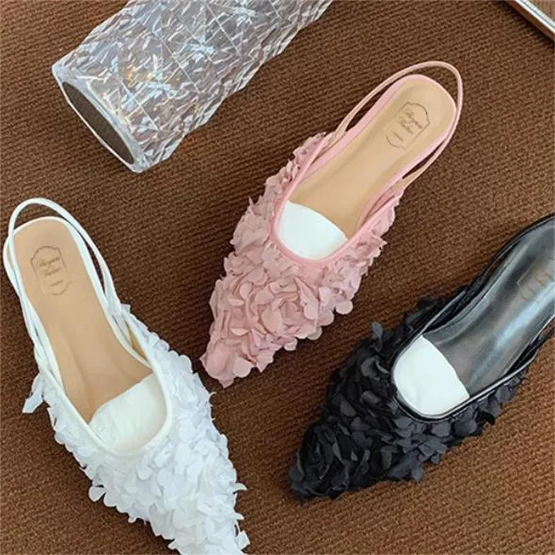 

Flower Decoration Shoes For Ladies Pointed Toes Low Heels Sewing Lines Womens Back Strap Zapatos De Mujer Solid Chassure Femme