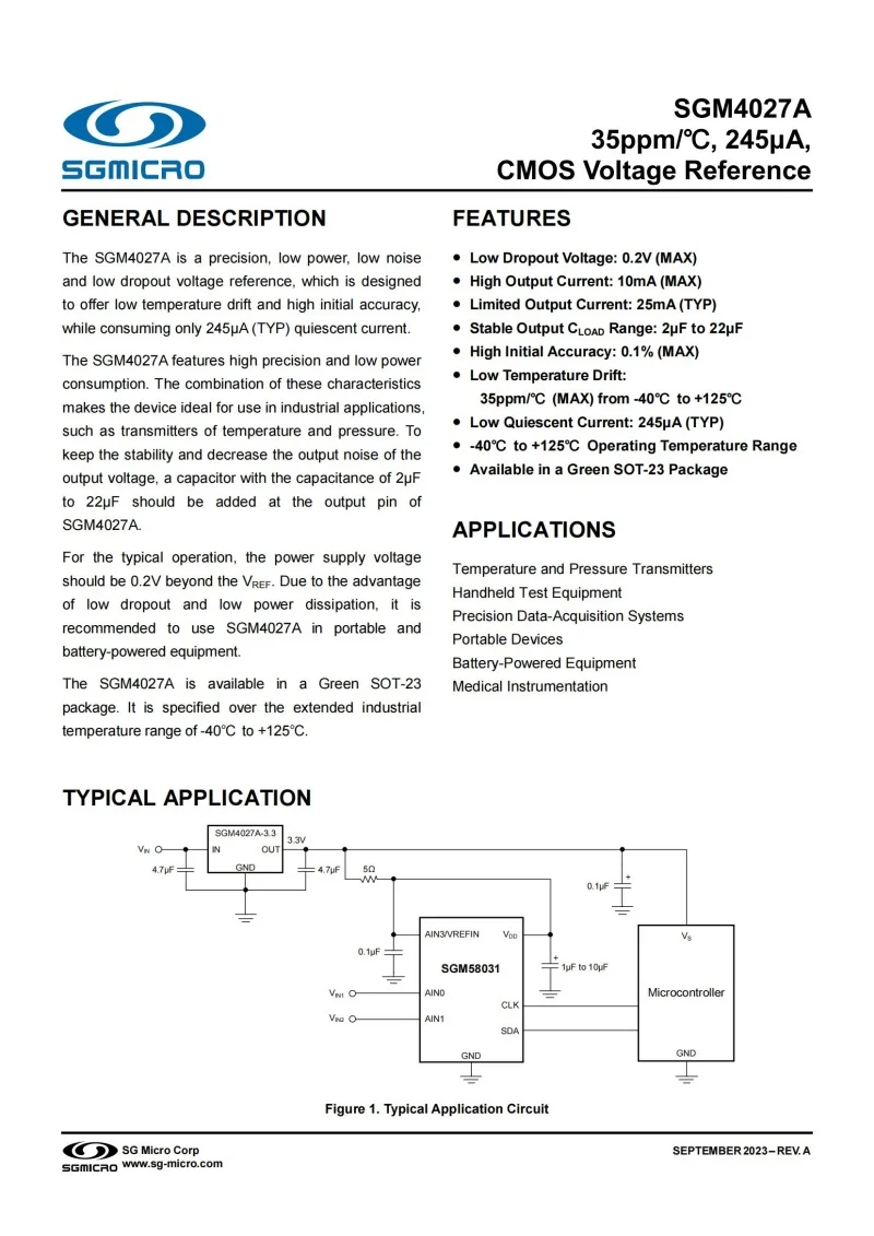 10Pcs/Lot SGM4027A-2.048XN3LG/TR SOT-23 SGM4027A,Marking:0KYXX,35ppm/℃,245μA,CMOS Voltage Reference