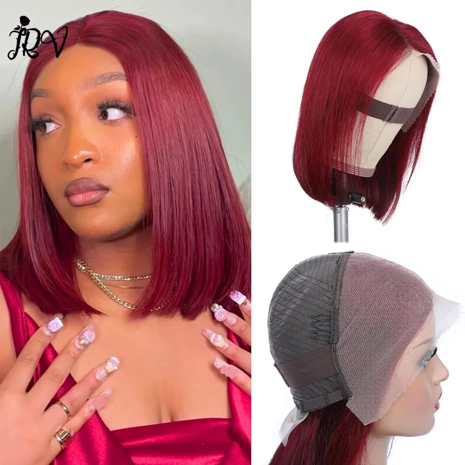 

99J Burgundy HD Transparent Short Bob Human Hair Wigs Peruvian 99J Red Straight 13x4 Lace Front Wig For Women Pre Plucked