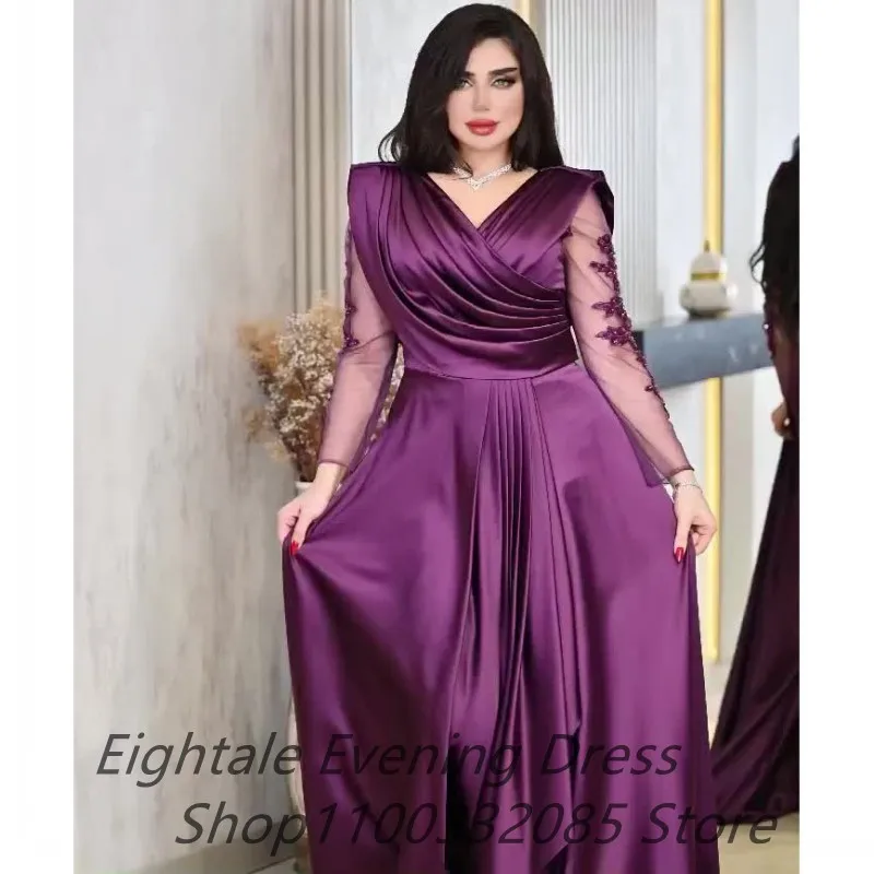 Eightale 2023 Dubai Satin A Line Evening Dress V Neck Long Sleeve kaftan Floor Length Beaded Prom Dress Dubai Party Customized