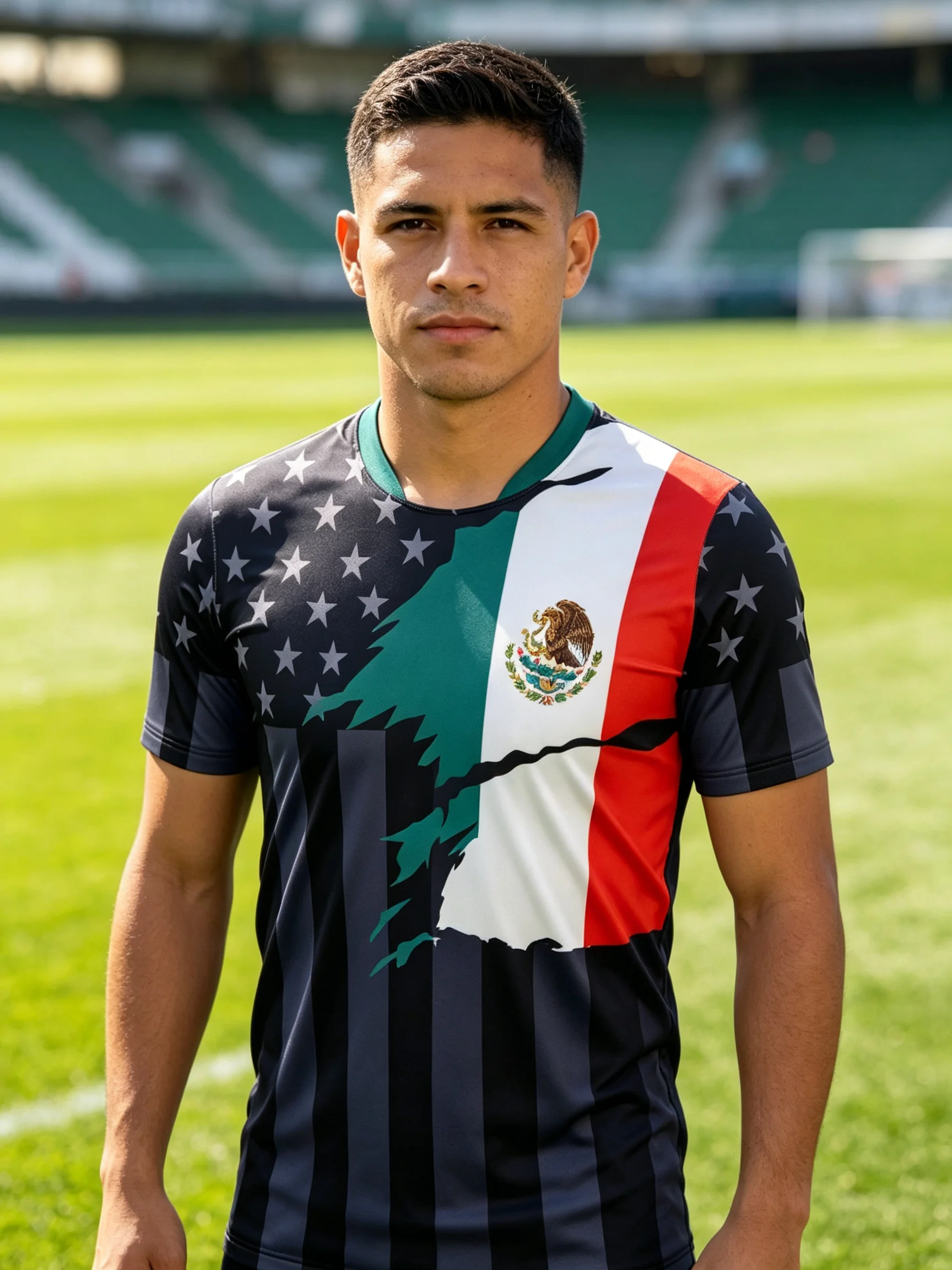 Color‑spliced Mexico flag football jersey with star‑stripe texture, lightweight stretch short‑sleeve top for soccer fans