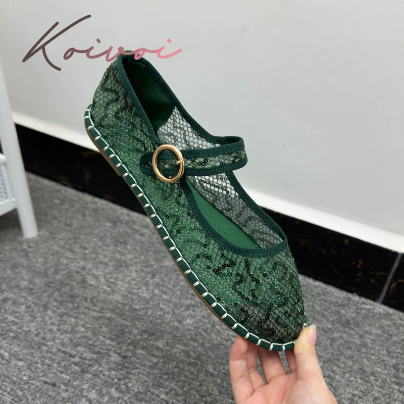 Sequined Mesh Red Ballet Flats Women Transparent Fishnet Cloth Fashion Mary Janes  Shoes Ladies Stitching Buckle Strap Loafers