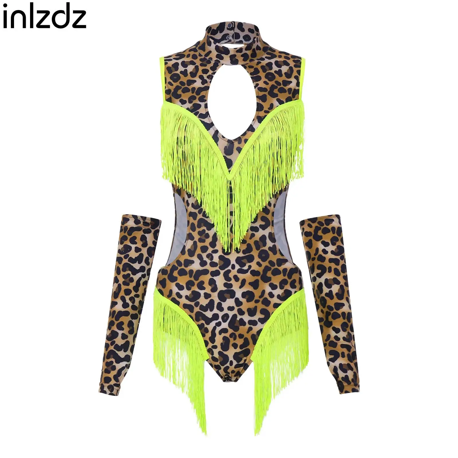 

Womens Latin Jazz Dance Costume Matching Leopard Bodysuit with Oversleeve Elegant Ballerina Modern Dance Leotard Ballet Outfits