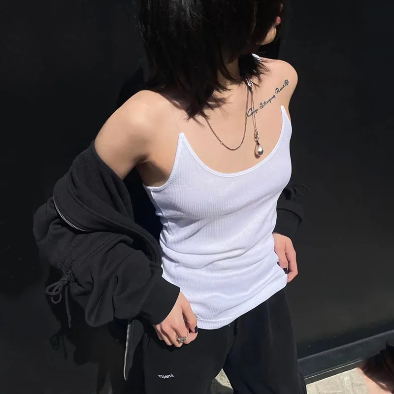 Women Ribbed Invisible Strap Tank Top Cropped Camis