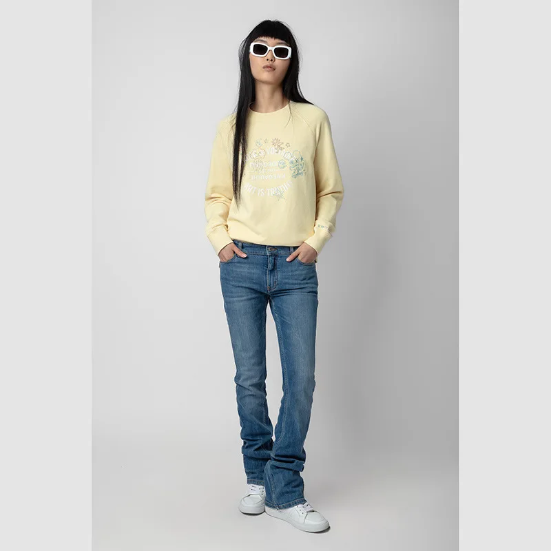 Spring and Autumn New French Niche ZV Gold and Silver Thread Mi Moon Mouse Embroidery Crew Neck Yellow Women's Sweater