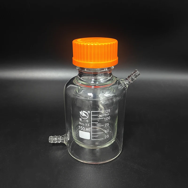 SHUNIU Double-deck cylindrical single-necked flat bottom flask, With Screw cap, Mezzanine jacketed reactor bottle,Reagent bottle