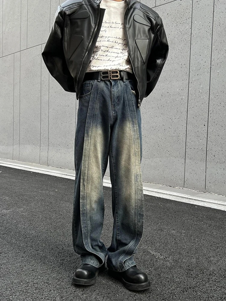 

Deep Blue Deconstructed Knife Jeans Men Spring Autumn Washed Vintage Straight Leg Wide Leg Workwear Pants American Retro