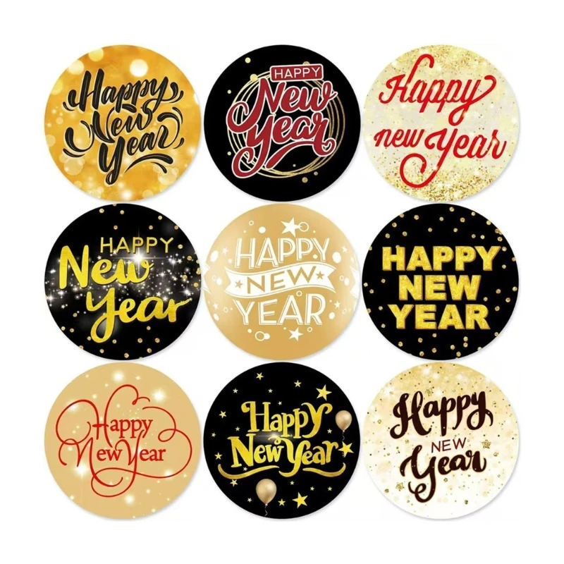 500Pcs/Roll Happy New Year Sticker Round Sealing Sticker Self-Adhesive Wrapping Labels for Envelopes Christmas Cards Candy Bag