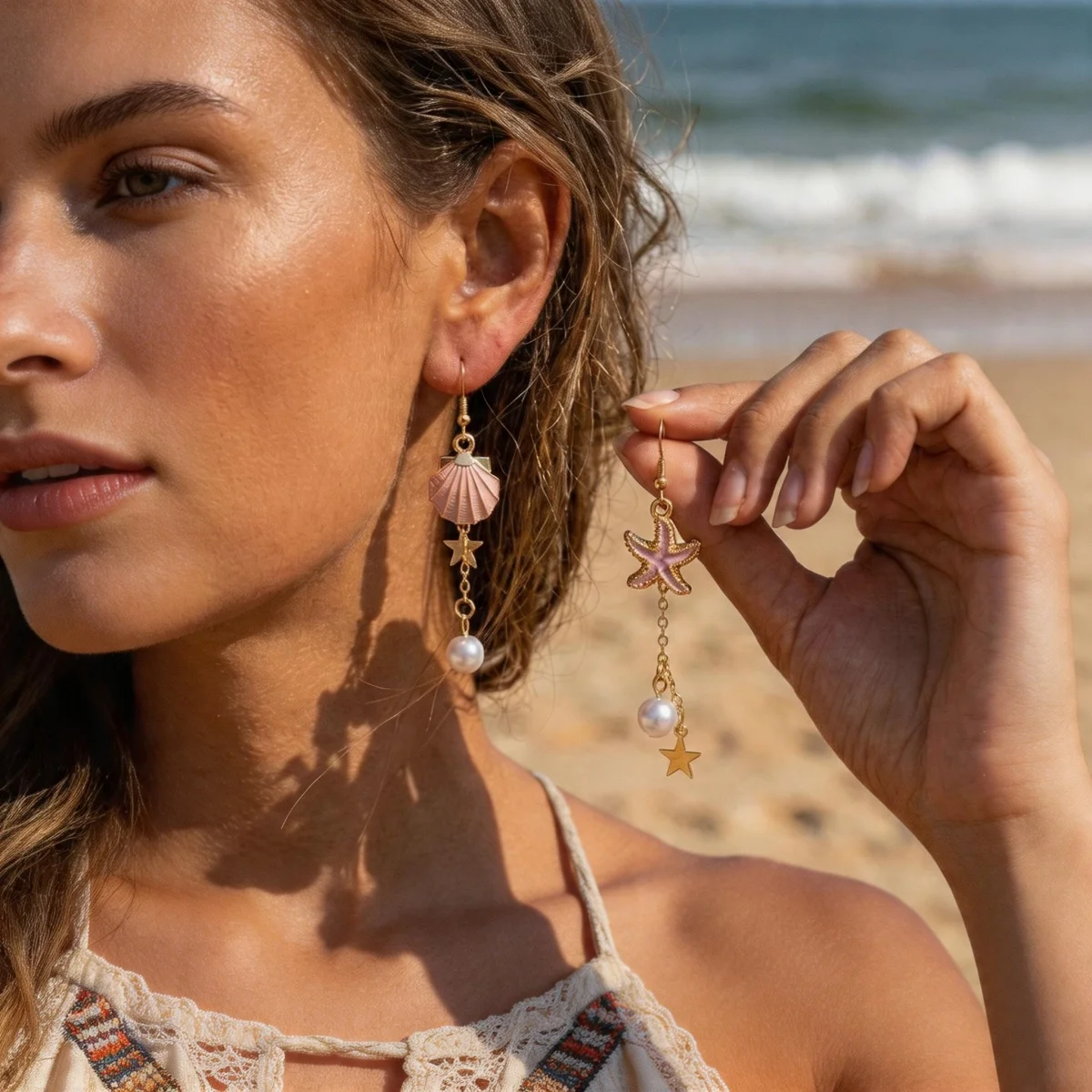 Ocean Beach Emaille Seestern Muschel Imitationsperlen Quaste Asymmetrische Hängeohrringe für Damen und Herren Stern-Ohrringe Sommer-Schmuck – Detail 6