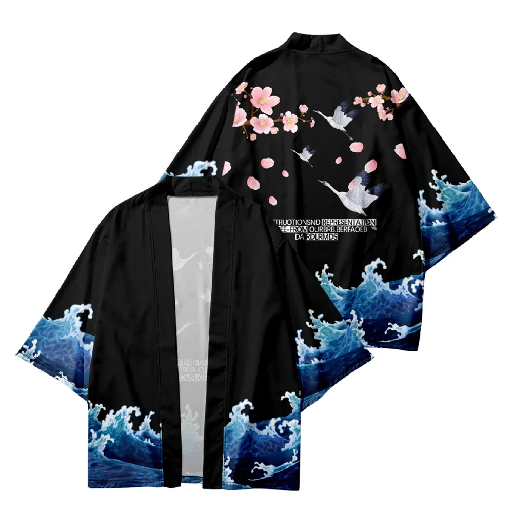 6XL 5XL 4XL Fashion Kimono Yukata Men Oversized Tops 2023 Beach Kimono Sakura Crane Print Shirt Haori