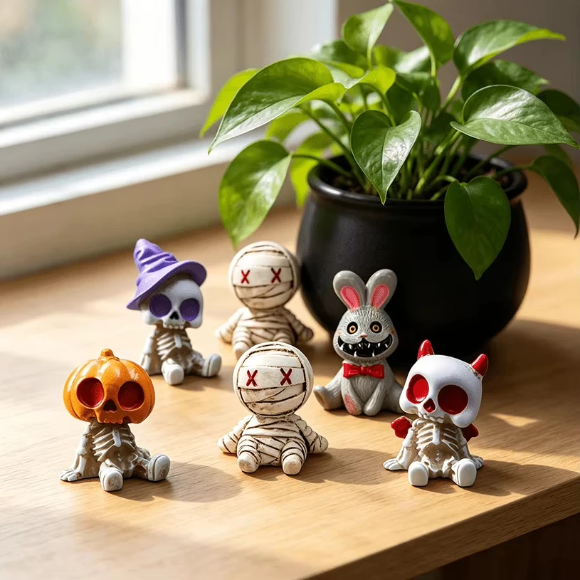 6-12pc Halloween Skeleton Mummy Figurines 3D Cartoon Rabbit Skull Micro Landscape Decor Resin Succulent Pot Desktop Party Gift