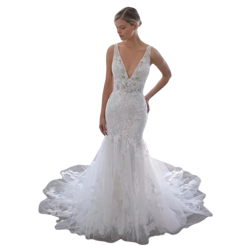 Mermaid Bohemian Wedding Dress Sleeveless Lace Applique V-neck Backless Beach Bridal Gown Customized