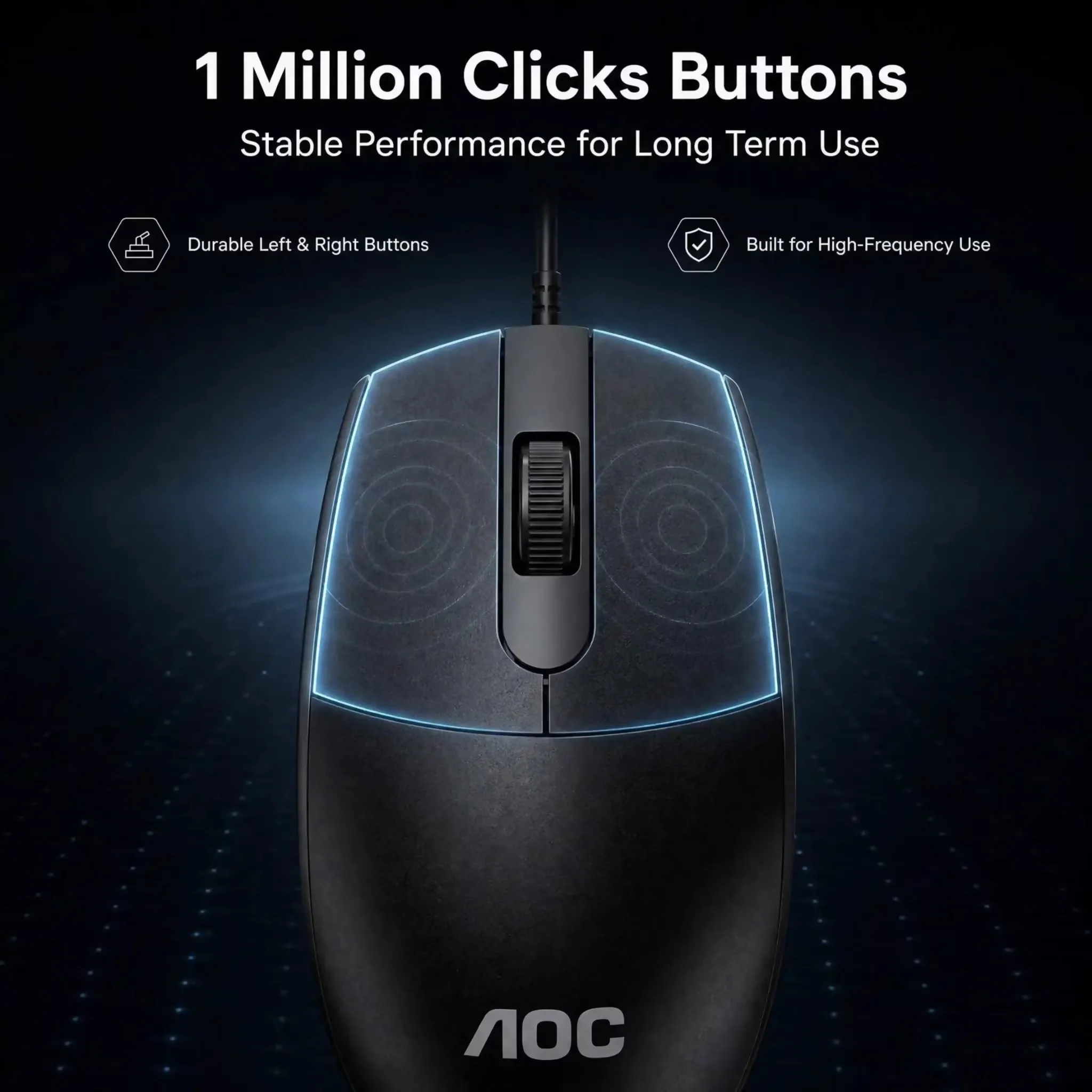 AOC MS100B Ergonomic Wired Optical Mouse, 70g Lightweight Body, 1200 CPI High Sensitivity, Non-RGB Lighting, USB Interface