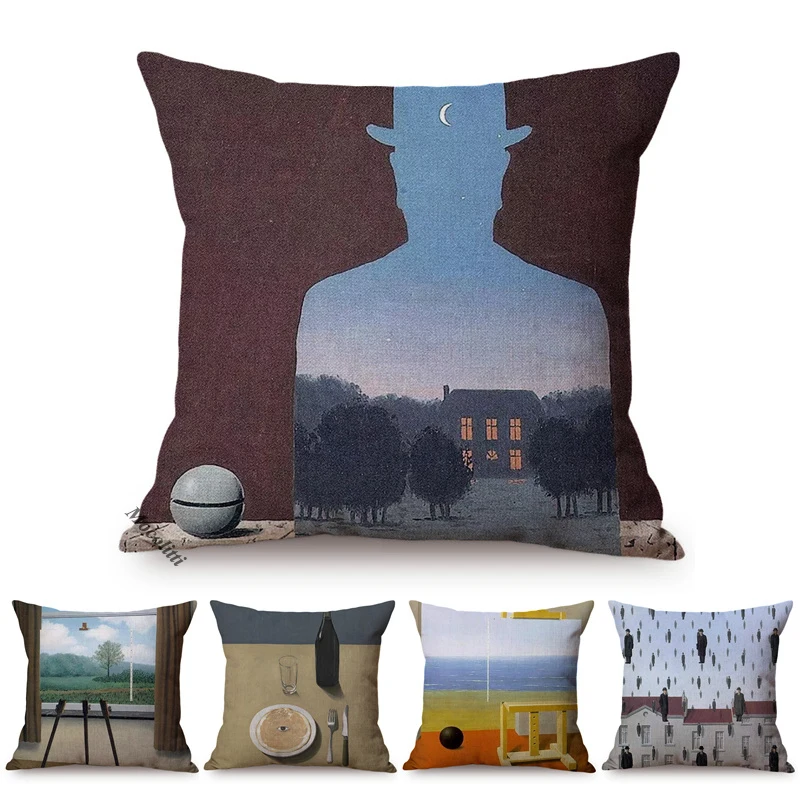 Nordic Surrealism Abstract Oil Painting Art Home Decor Cushion Cover Famous Painter Rene Magritte Works Linen Sofa Pillow Cover