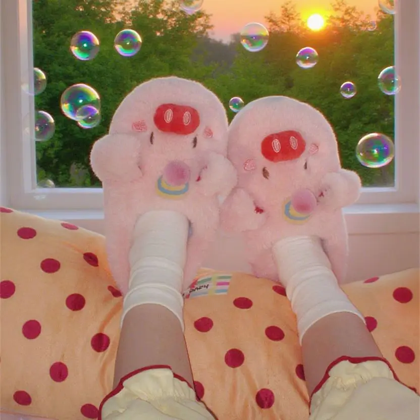 Fluffy Pink Piggy Slippers for Women Winter Indoor Anti-Skid Home Slippers Warm Furry Piglet Mules Shoes Animal Slippers Adult