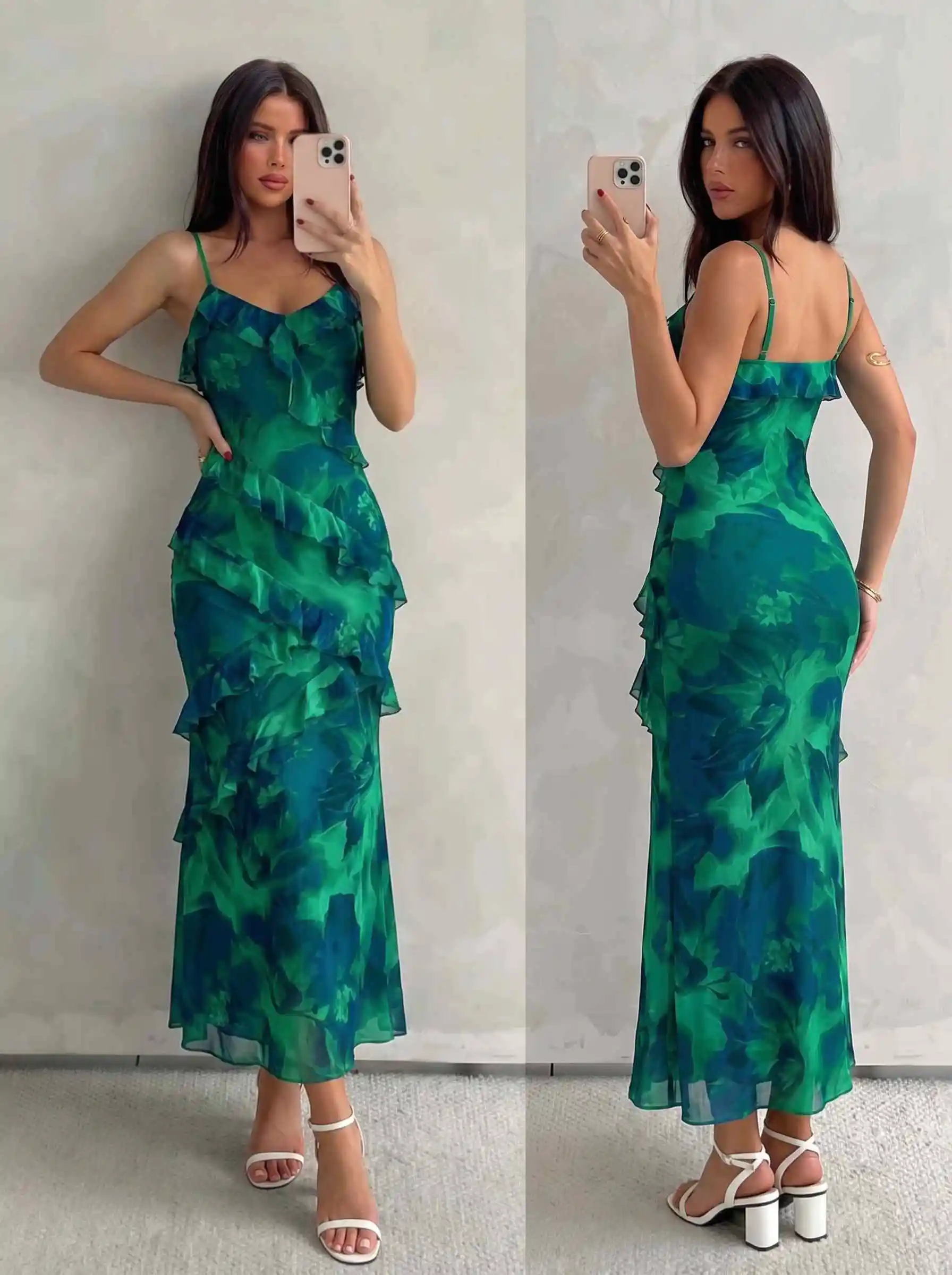 Damen Aquarell-Rosen-Print Cami-Kleid mit Rüschen, Chiffon-Midikleid, Spaghettiträger, fließendes Kleid für Urlaub, Strandparty, Ferien – Detail 17