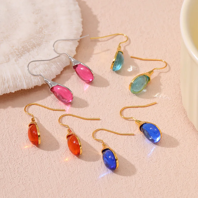 1set Hot Selling Multicolor Droplet Shaped Inlaid Cat Eye Stone Earrings With four-color Simple Gemstone Fashionable Earrings