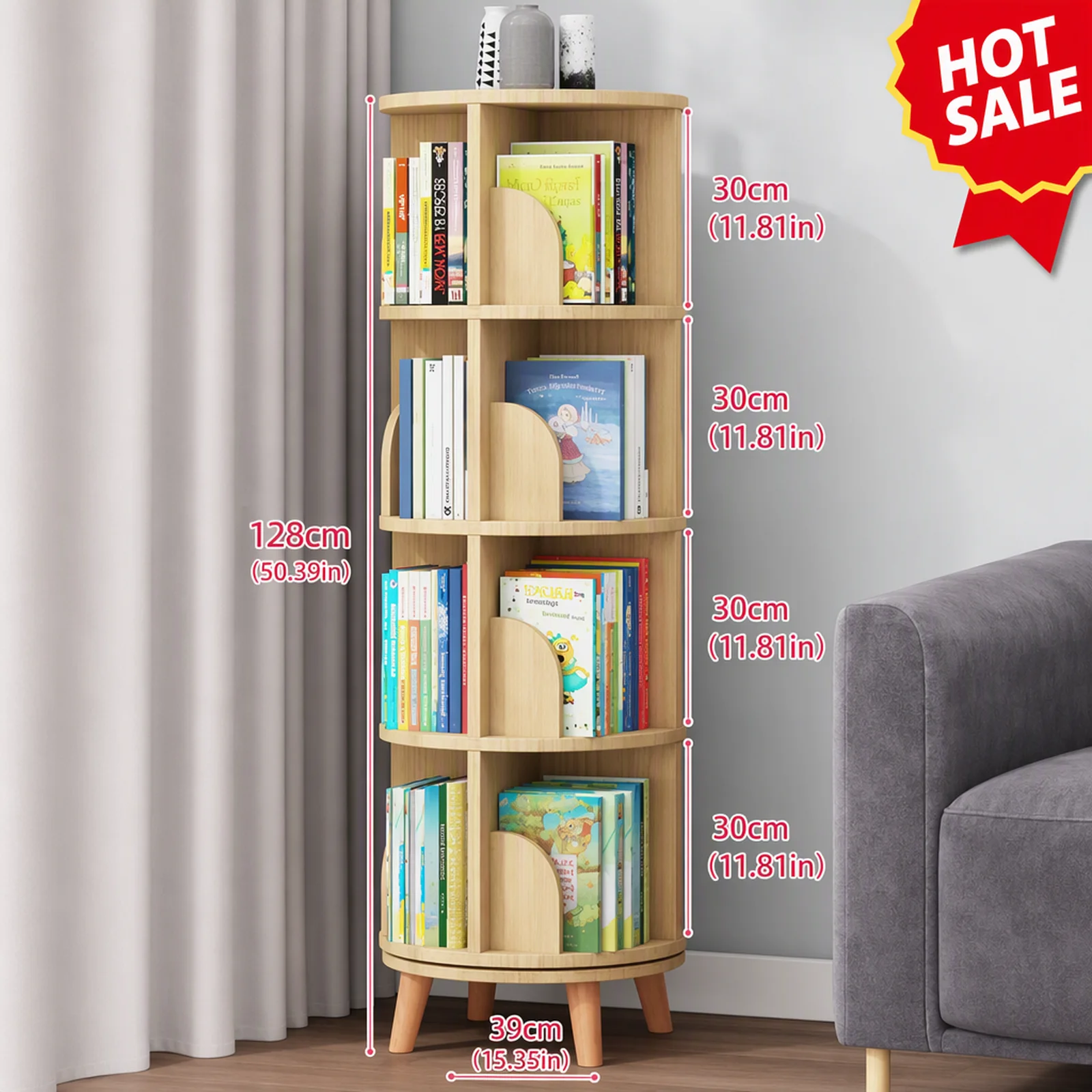 Revolving Bookstand 4-Tier Wooden Shelf with Legs, Durable NZ Pine Wood, Polished Smooth Surface, Large Capacity Bookrack for Home and Office Use